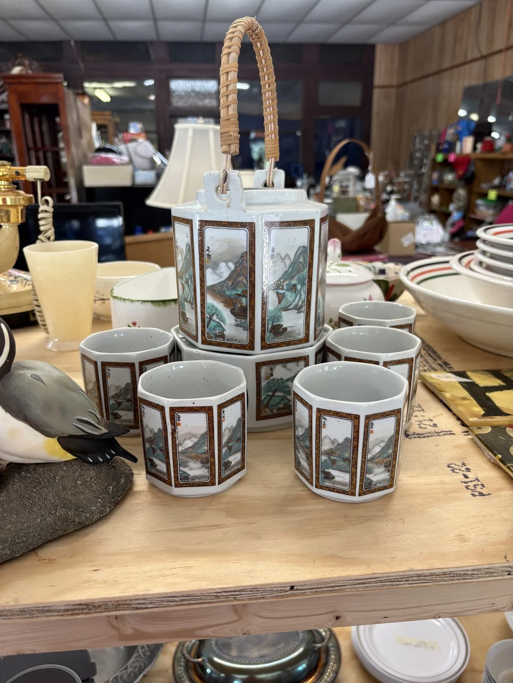Vintage Asian Porcelain Tea Set in White and Turquoise